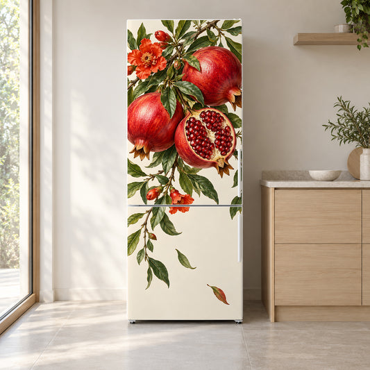Pomegranates fridge wrap on a white refrigerator in a bright kitchen