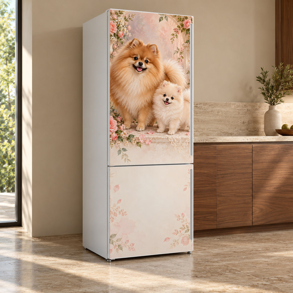 Pomeranians fridge wrap, refrigerator shown at an angle