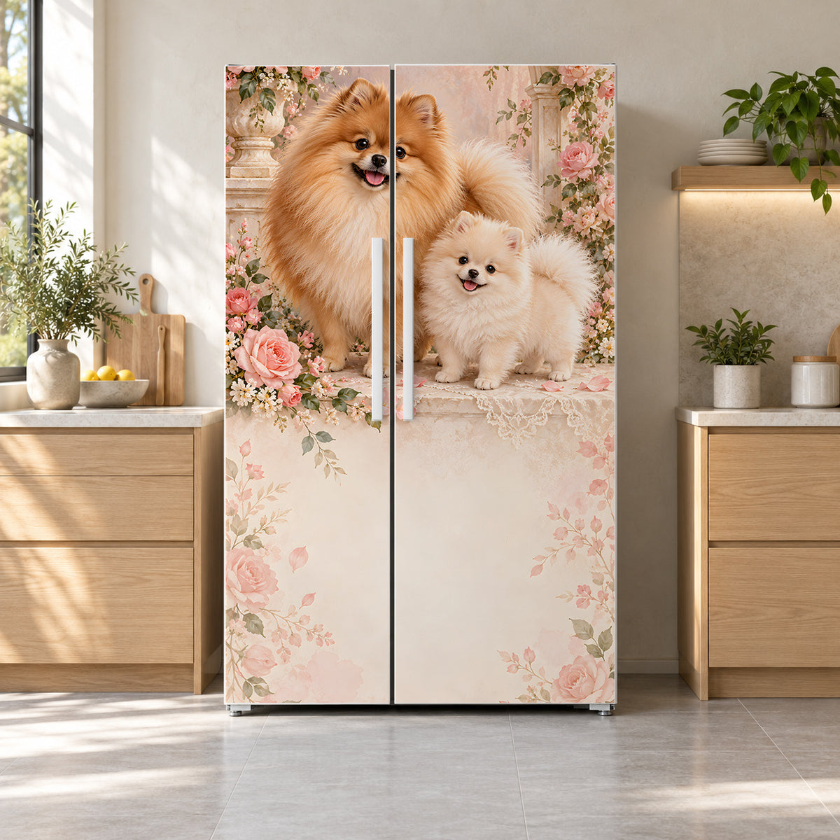 Pomeranians fridge wrap on a side-by-side refrigerator