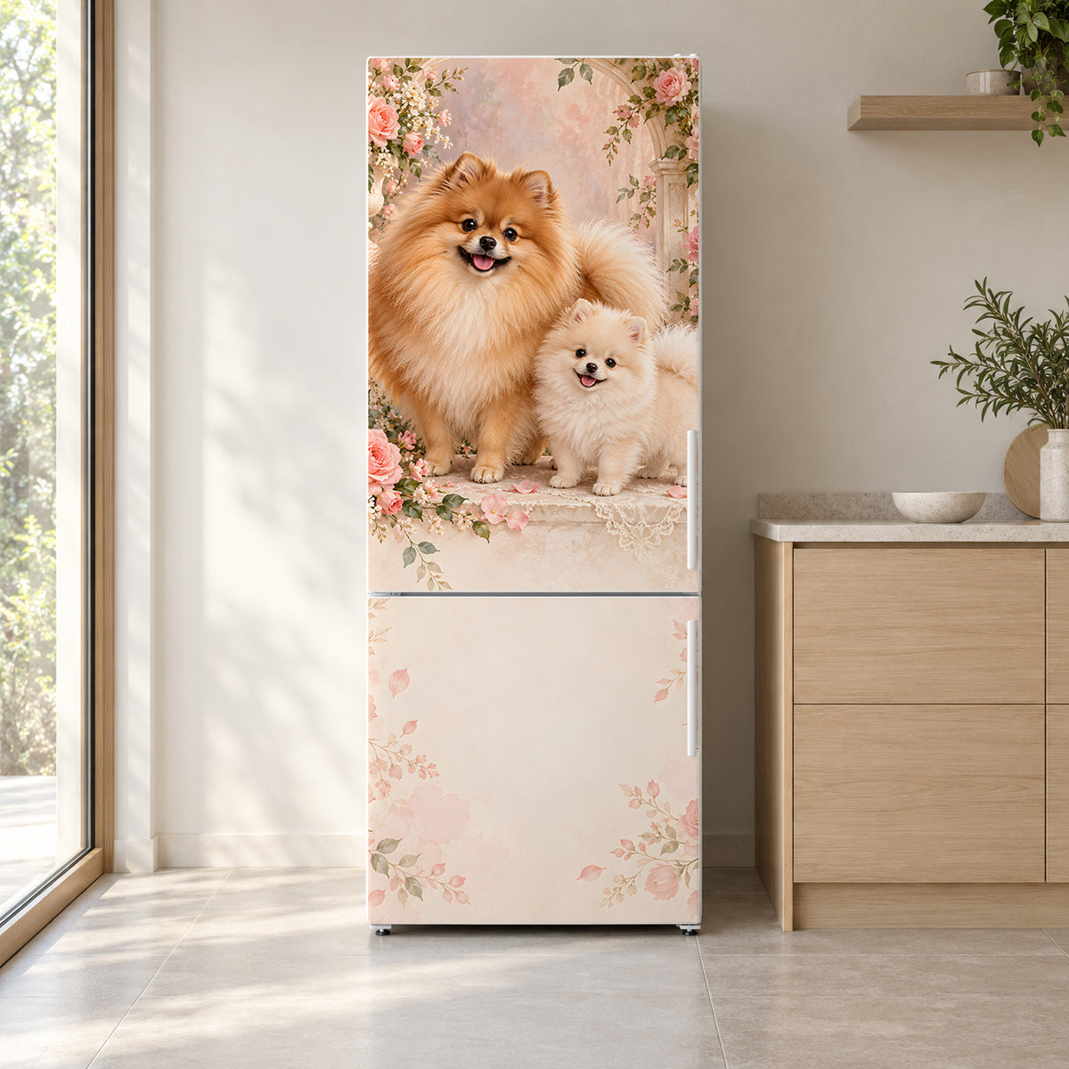 Pomeranians fridge wrap on a white refrigerator in a bright kitchen