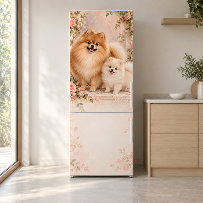 Pomeranians fridge wrap on a white refrigerator in a bright kitchen