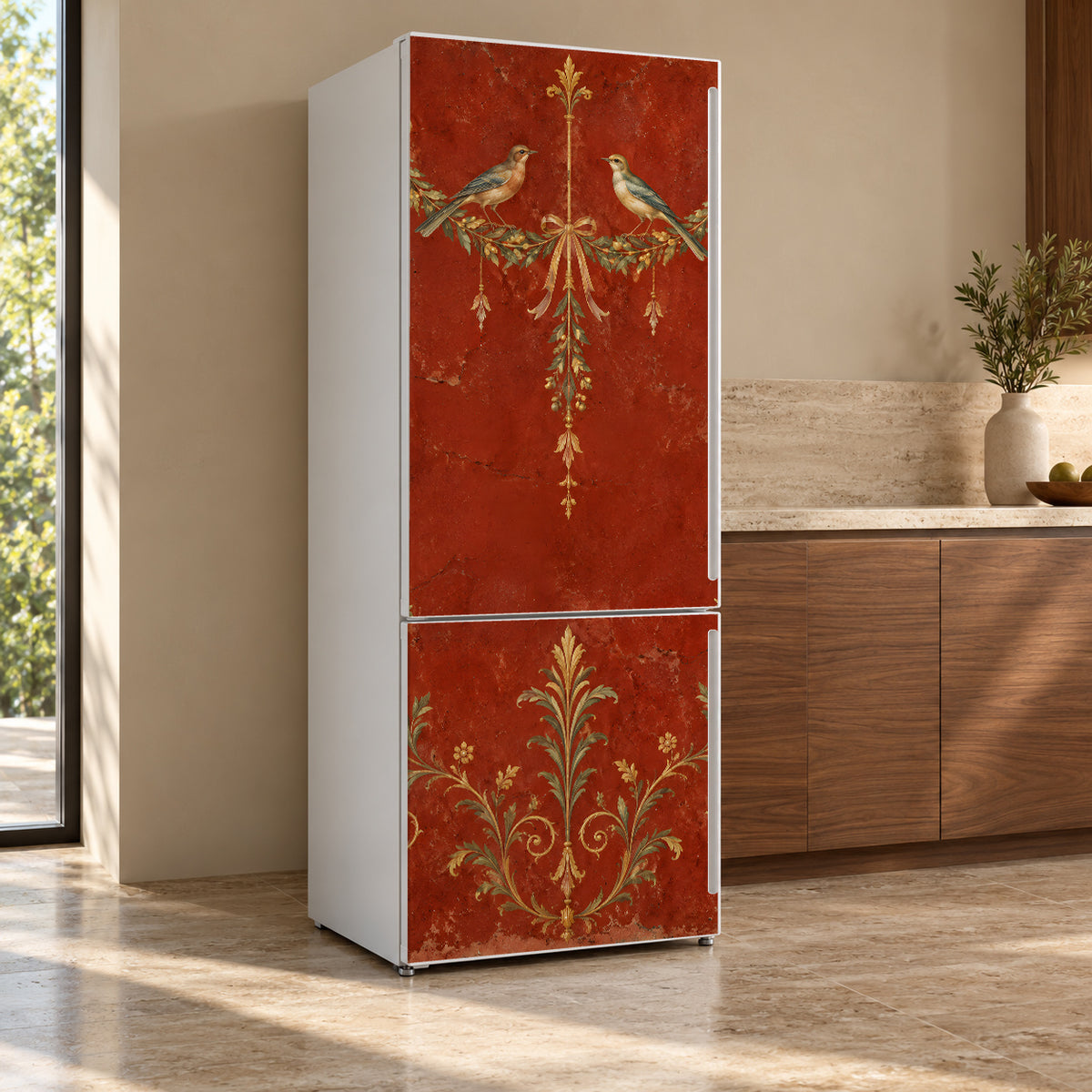 Pompeii Fresco fridge wrap, refrigerator shown at an angle