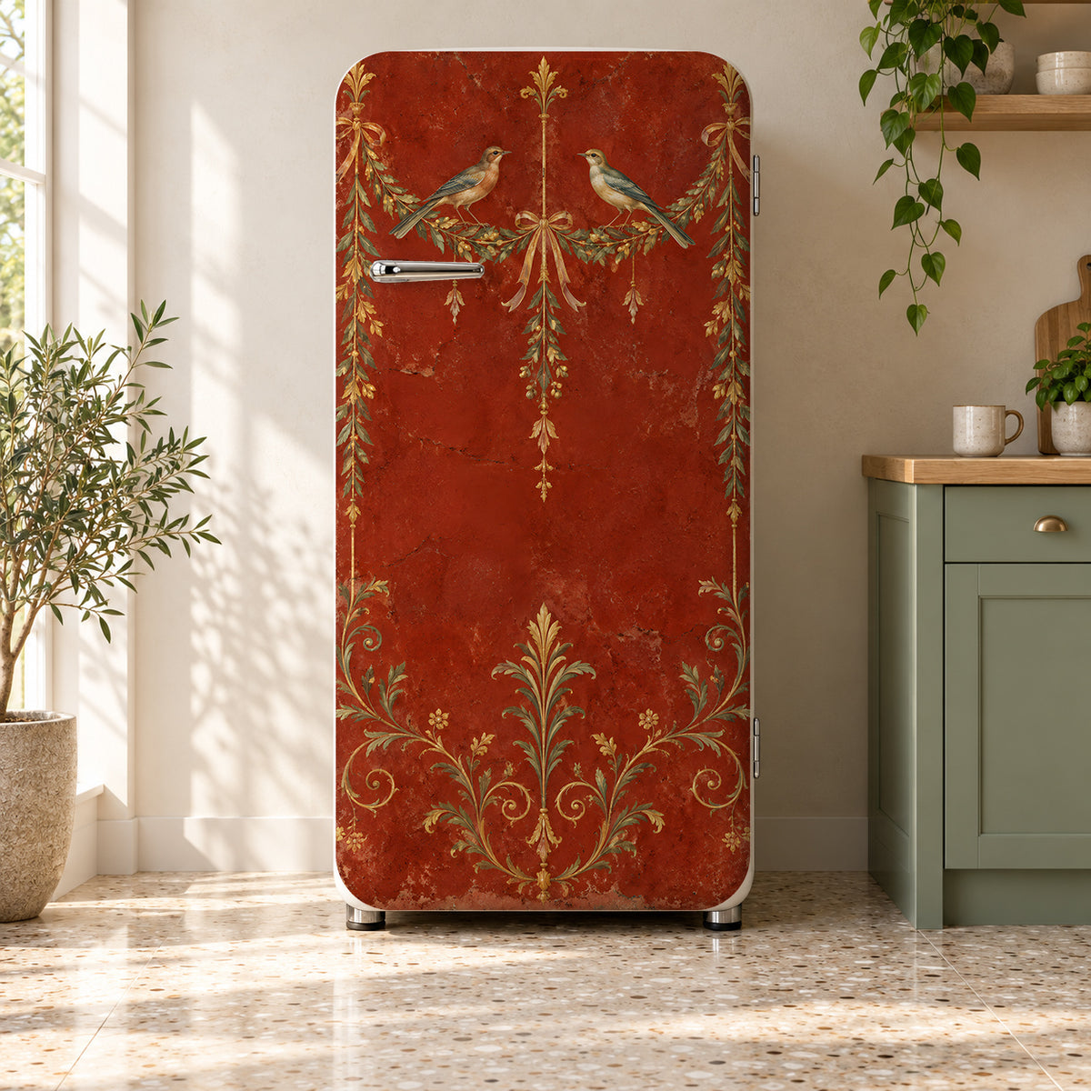 Pompeii Fresco fridge wrap on a retro refrigerator