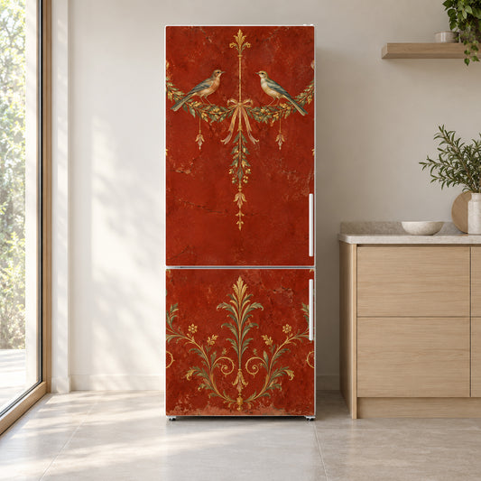 Pompeii Fresco fridge wrap on a white refrigerator in a bright kitchen