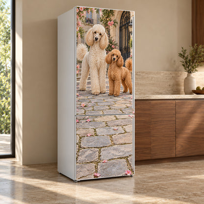 Poodles fridge wrap, refrigerator shown at an angle