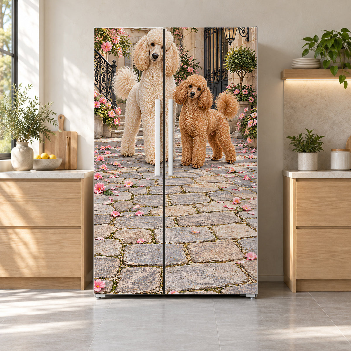 Poodles fridge wrap on a side-by-side refrigerator