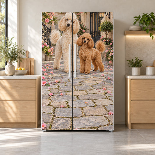 Poodles fridge wrap on a side-by-side refrigerator