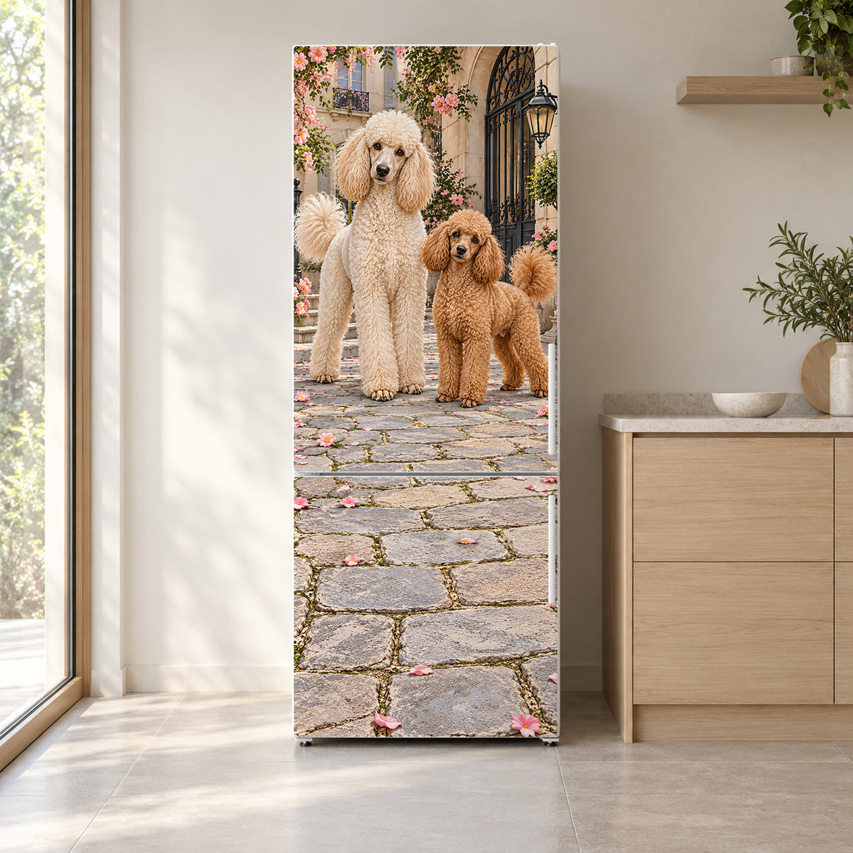 Poodles fridge wrap on a white refrigerator in a bright kitchen