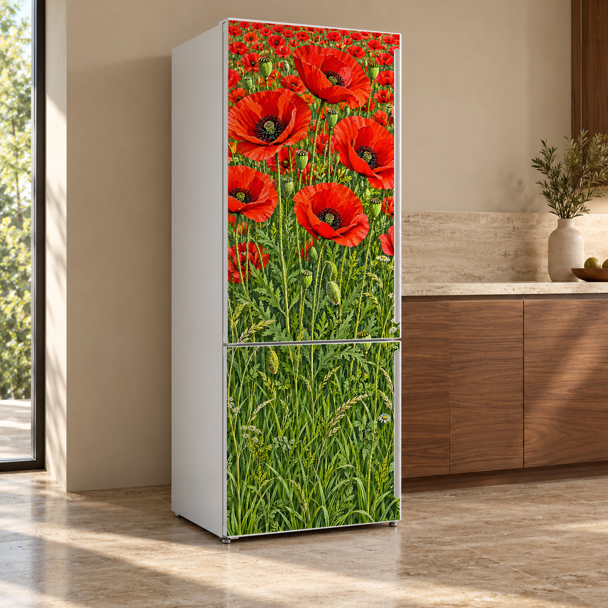 Poppy Field fridge wrap, refrigerator shown at an angle