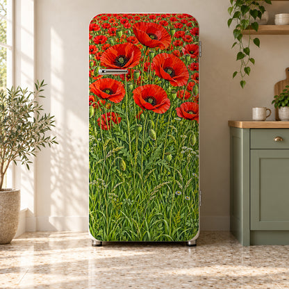 Poppy Field fridge wrap on a retro refrigerator
