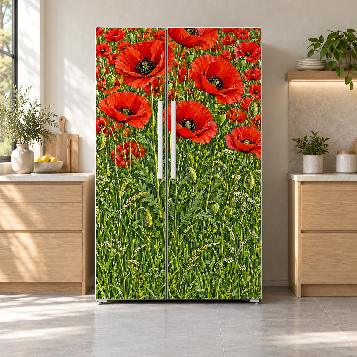 Poppy Field fridge wrap on a side-by-side refrigerator