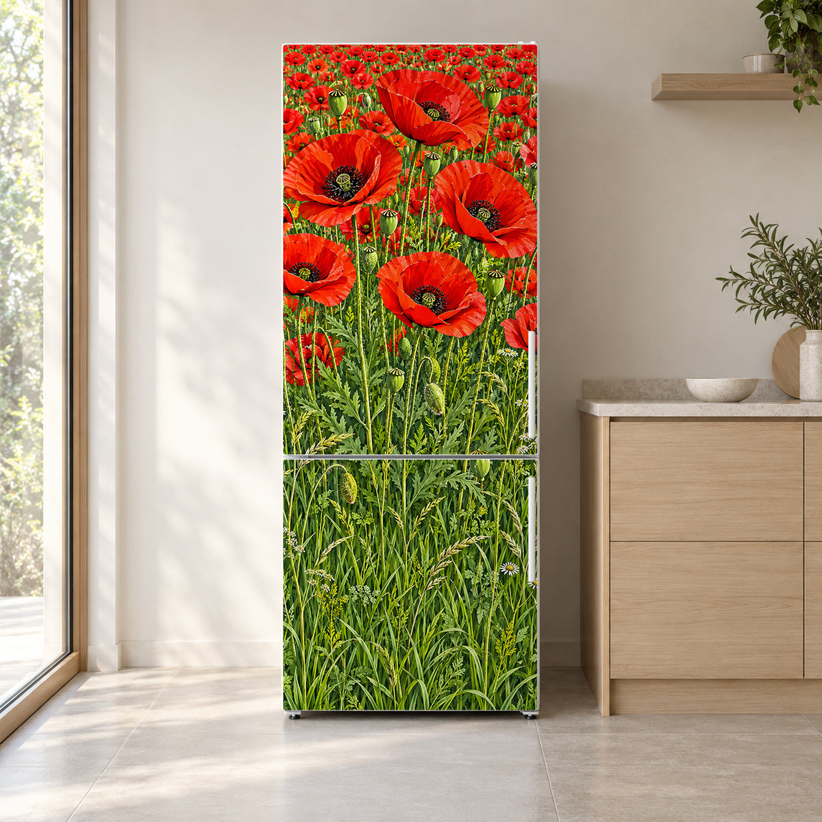 Poppy Field fridge wrap on a white refrigerator in a bright kitchen