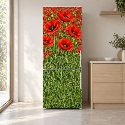 Poppy Field fridge wrap on a white refrigerator in a bright kitchen