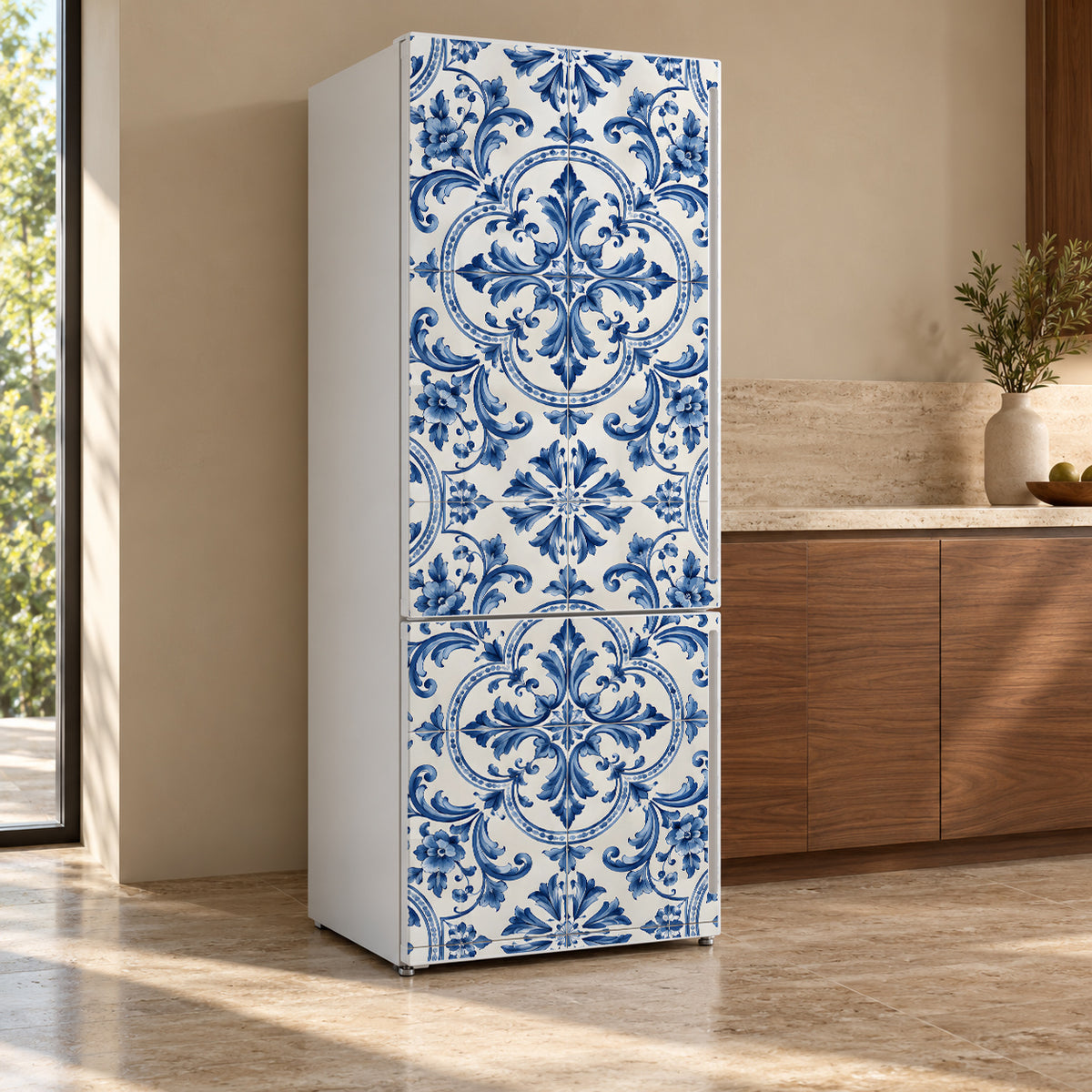 Portuguese Azulejo Tiles fridge wrap, refrigerator shown at an angle