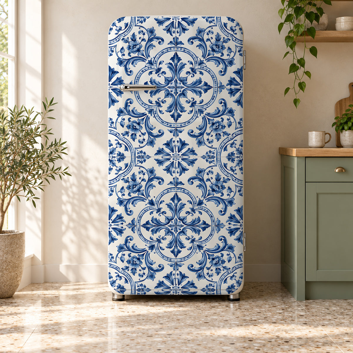 Portuguese Azulejo Tiles fridge wrap on a retro refrigerator