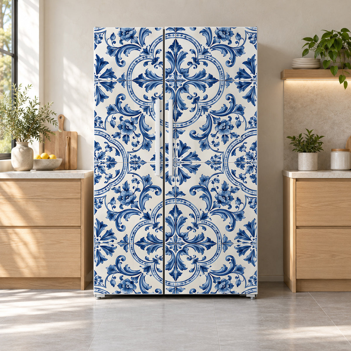 Portuguese Azulejo Tiles fridge wrap on a side-by-side refrigerator