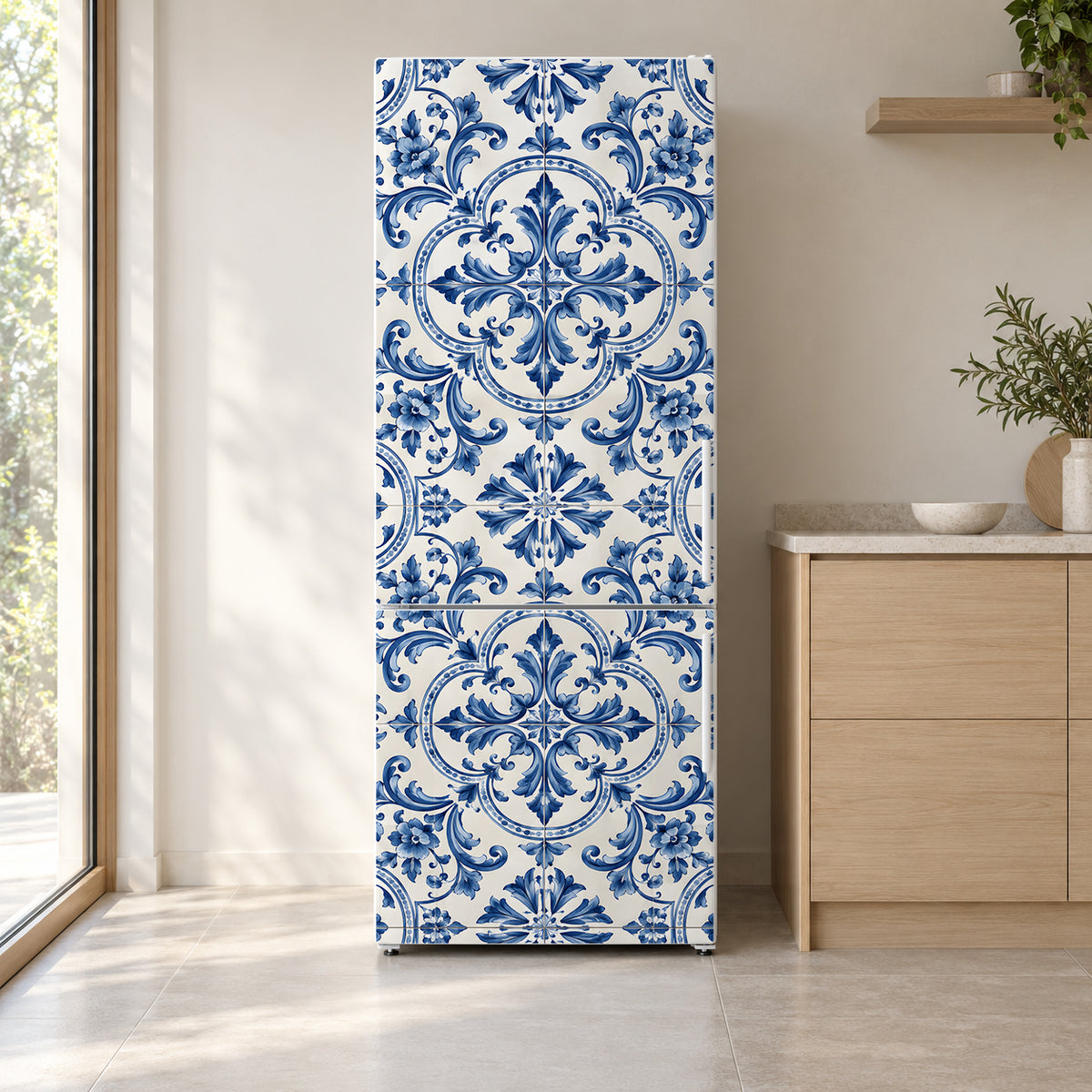 Portuguese Azulejo Tiles fridge wrap on a white refrigerator in a bright kitchen