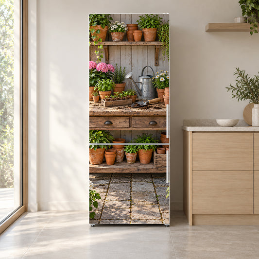 Potting Bench fridge wrap on a white refrigerator in a bright kitchen
