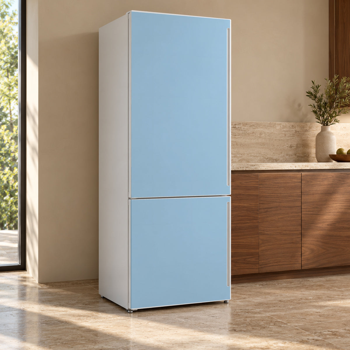 Powder Blue fridge wrap, refrigerator shown at an angle