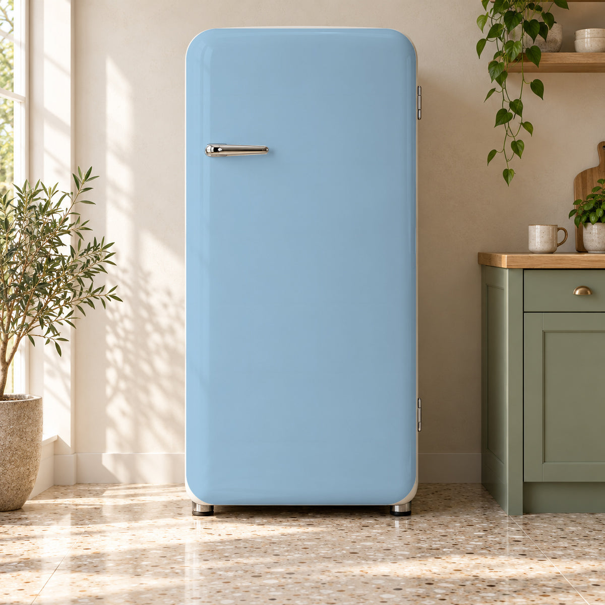 Powder Blue fridge wrap on a retro refrigerator