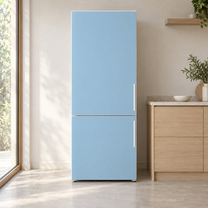 Powder Blue fridge wrap on a white refrigerator in a bright kitchen