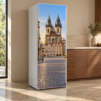 Prague Old Town fridge wrap, refrigerator shown at an angle