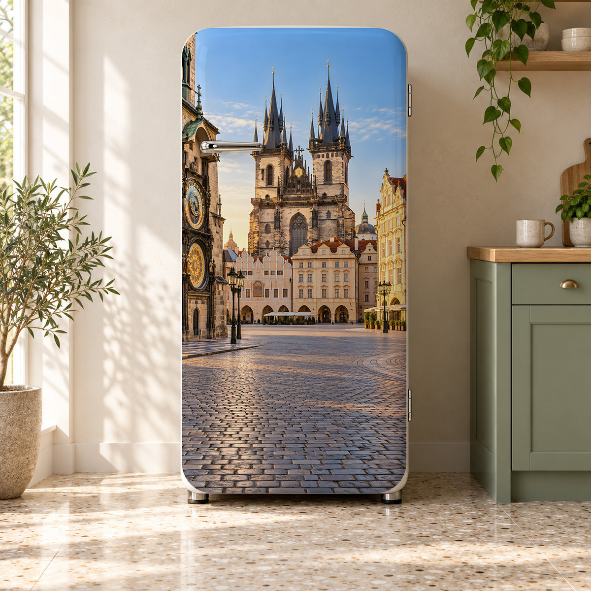 Prague Old Town fridge wrap on a retro refrigerator