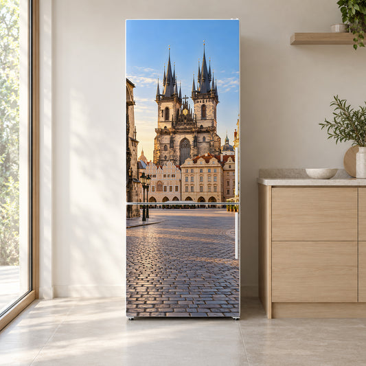 Prague Old Town fridge wrap on a white refrigerator in a bright kitchen