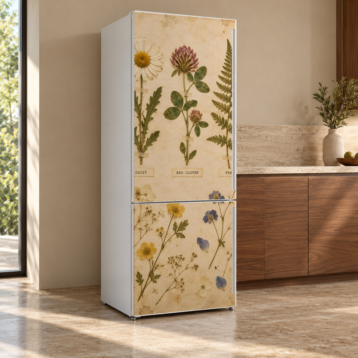 Pressed Flowers Herbarium fridge wrap, refrigerator shown at an angle
