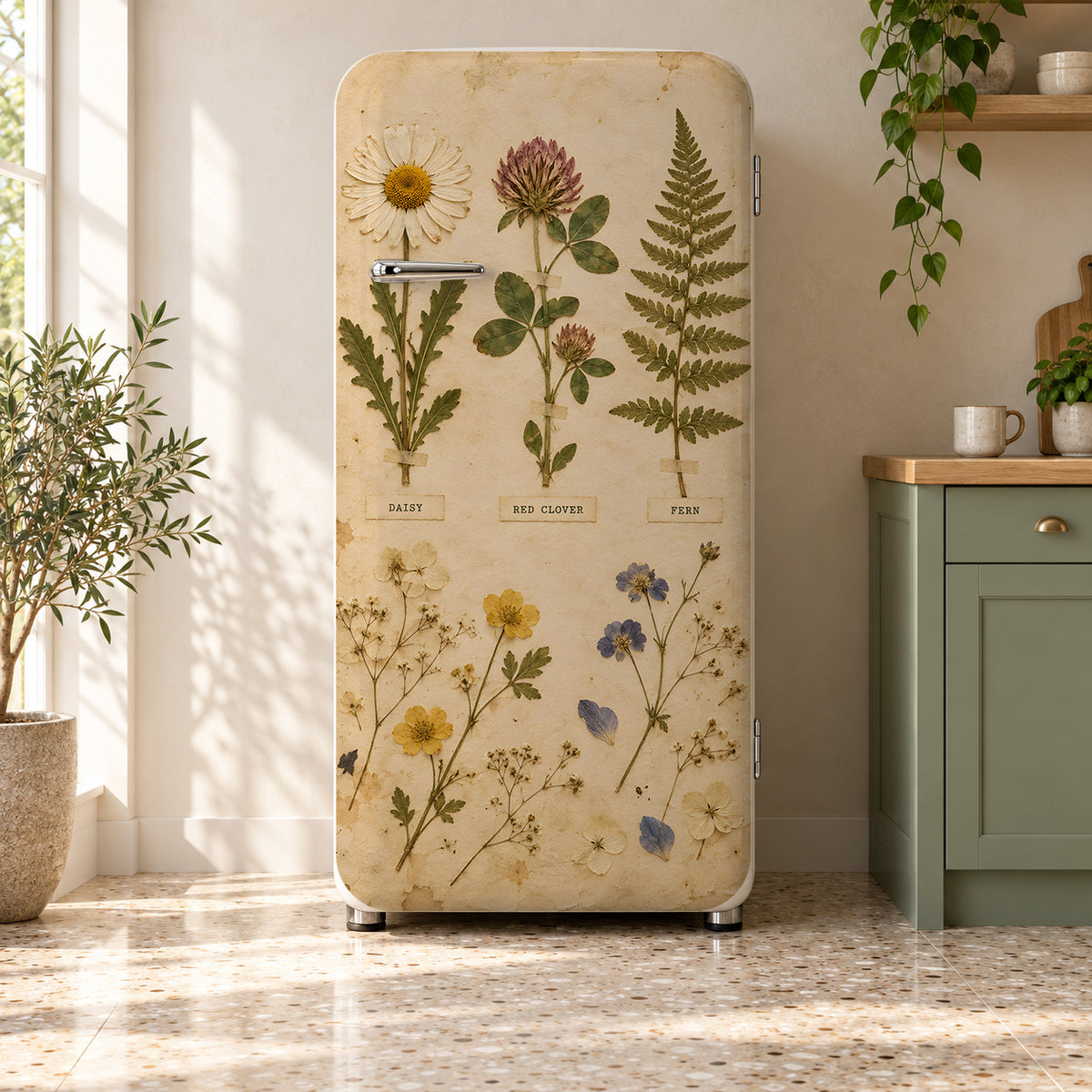 Pressed Flowers Herbarium fridge wrap on a retro refrigerator