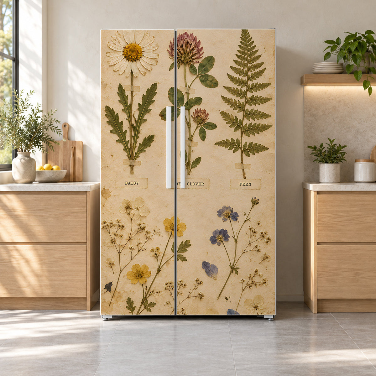 Pressed Flowers Herbarium fridge wrap on a side-by-side refrigerator