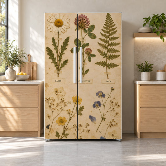 Pressed Flowers Herbarium fridge wrap on a side-by-side refrigerator