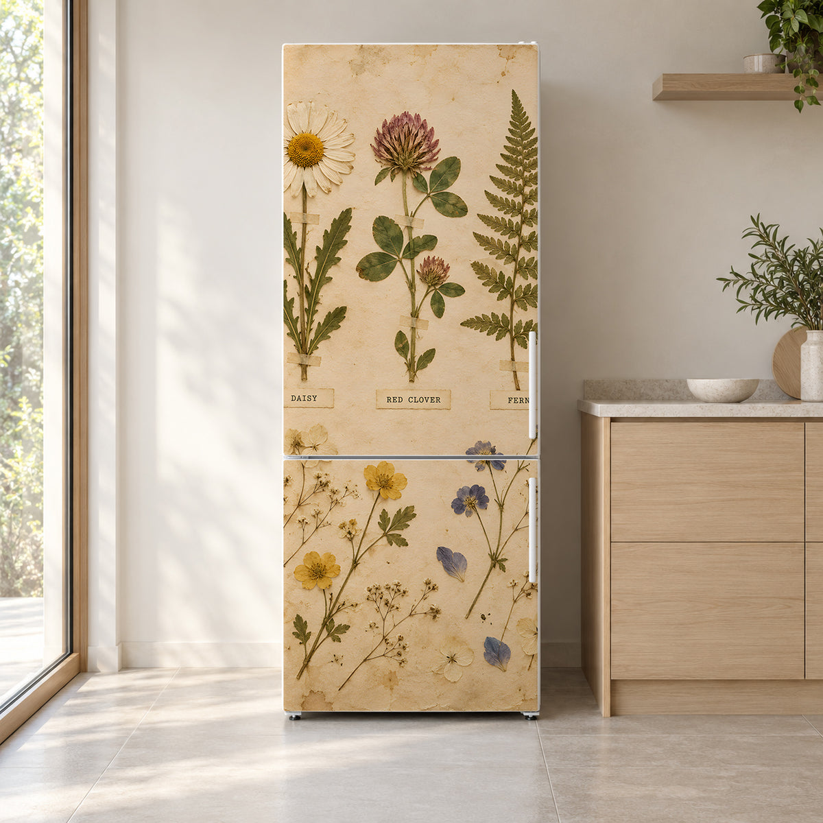 Pressed Flowers Herbarium fridge wrap on a white refrigerator in a bright kitchen
