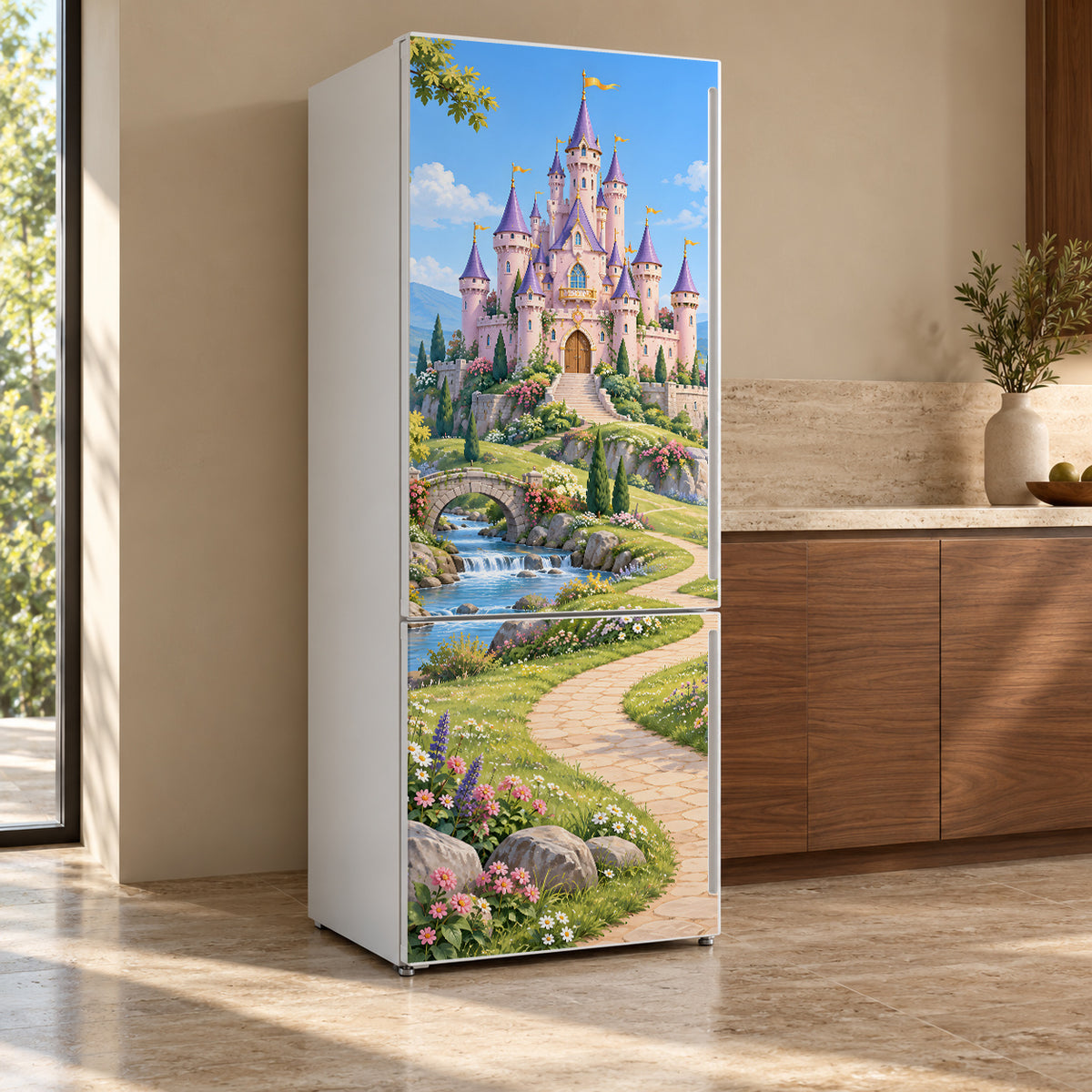 Princess Castle fridge wrap, refrigerator shown at an angle