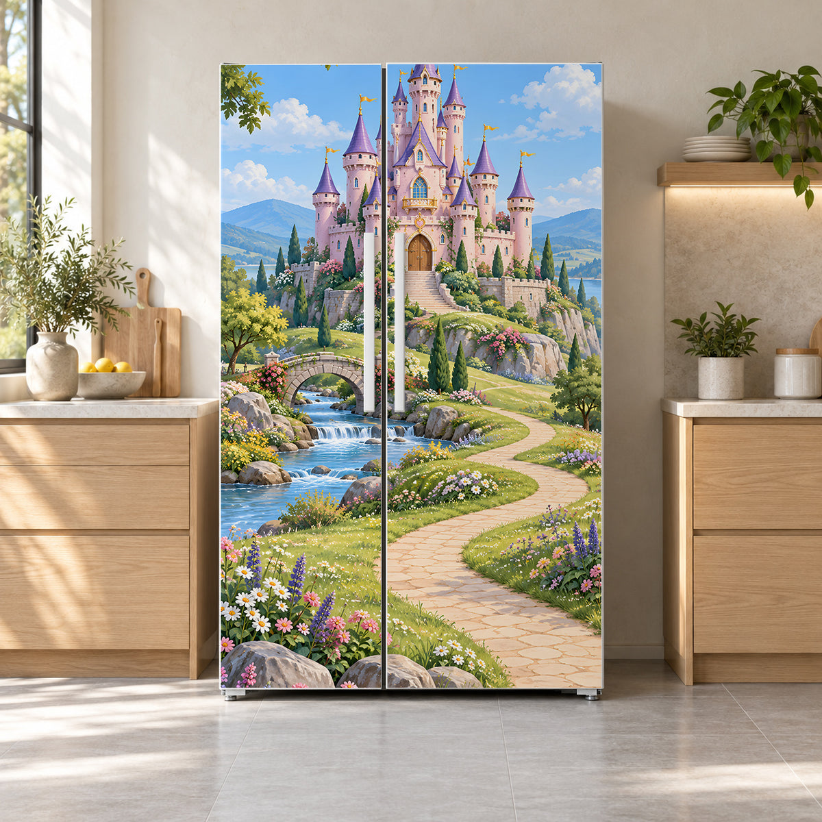 Princess Castle fridge wrap on a side-by-side refrigerator