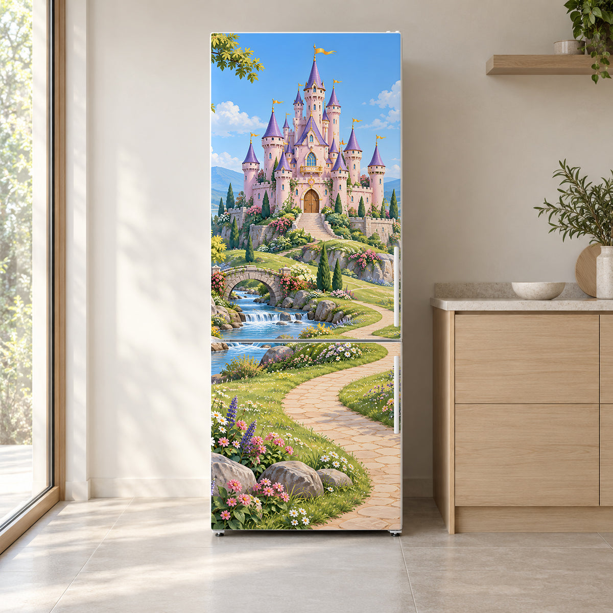 Princess Castle fridge wrap on a white refrigerator in a bright kitchen
