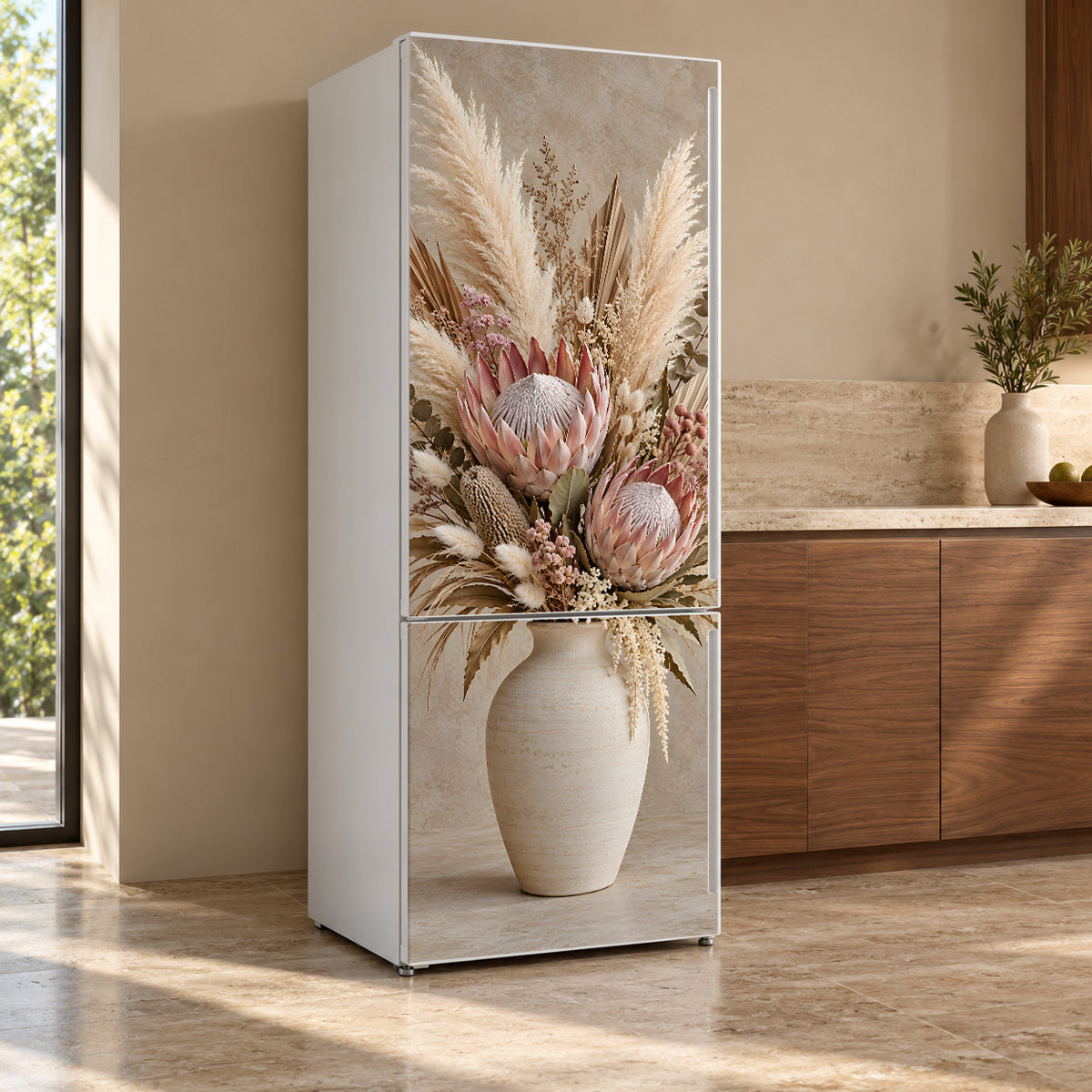Protea & Pampas Boho fridge wrap, refrigerator shown at an angle