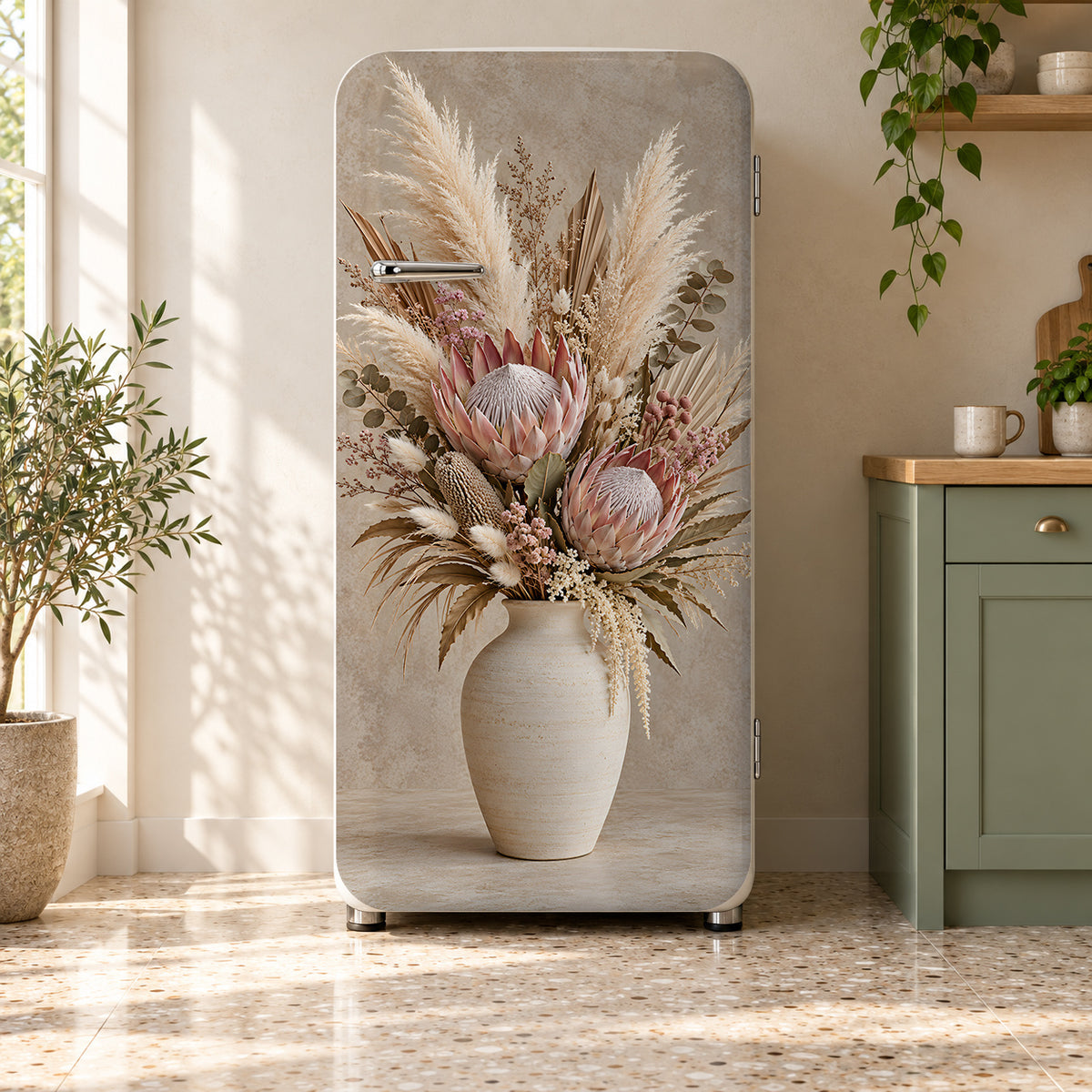 Protea & Pampas Boho fridge wrap on a retro refrigerator