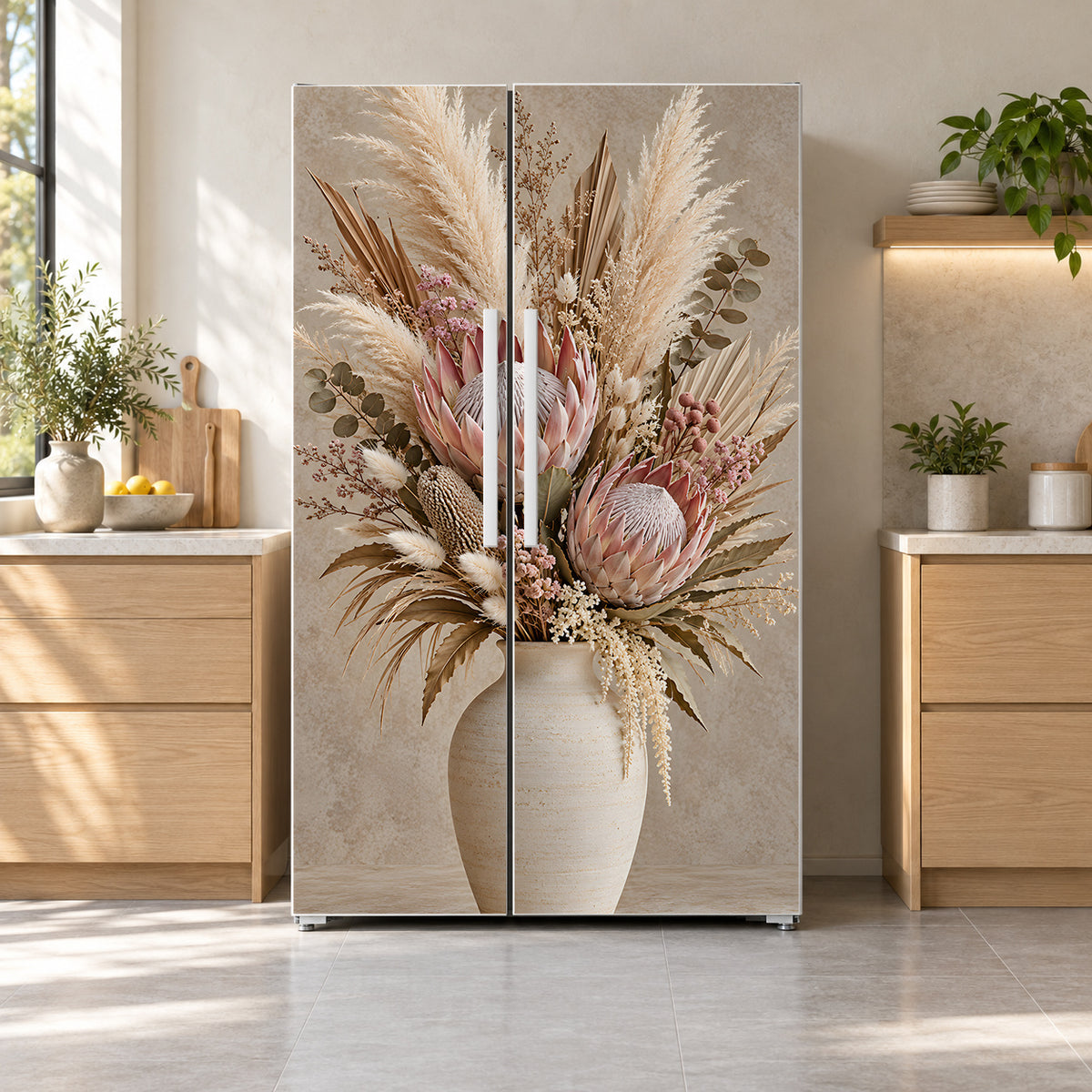 Protea & Pampas Boho fridge wrap on a side-by-side refrigerator