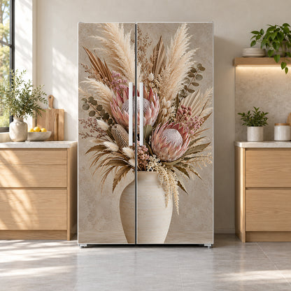 Protea & Pampas Boho fridge wrap on a side-by-side refrigerator