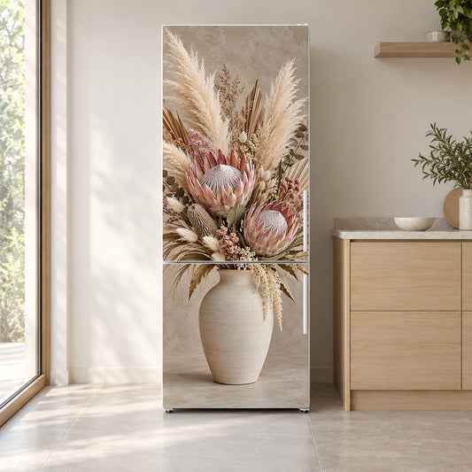 Protea & Pampas Boho fridge wrap on a white refrigerator in a bright kitchen