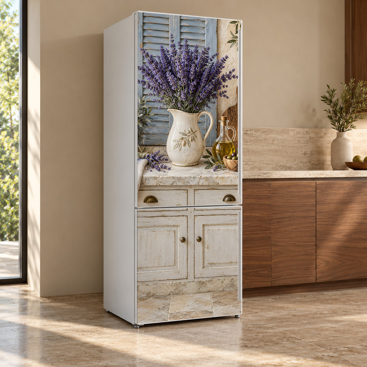 Provence Lavender Kitchen fridge wrap, refrigerator shown at an angle