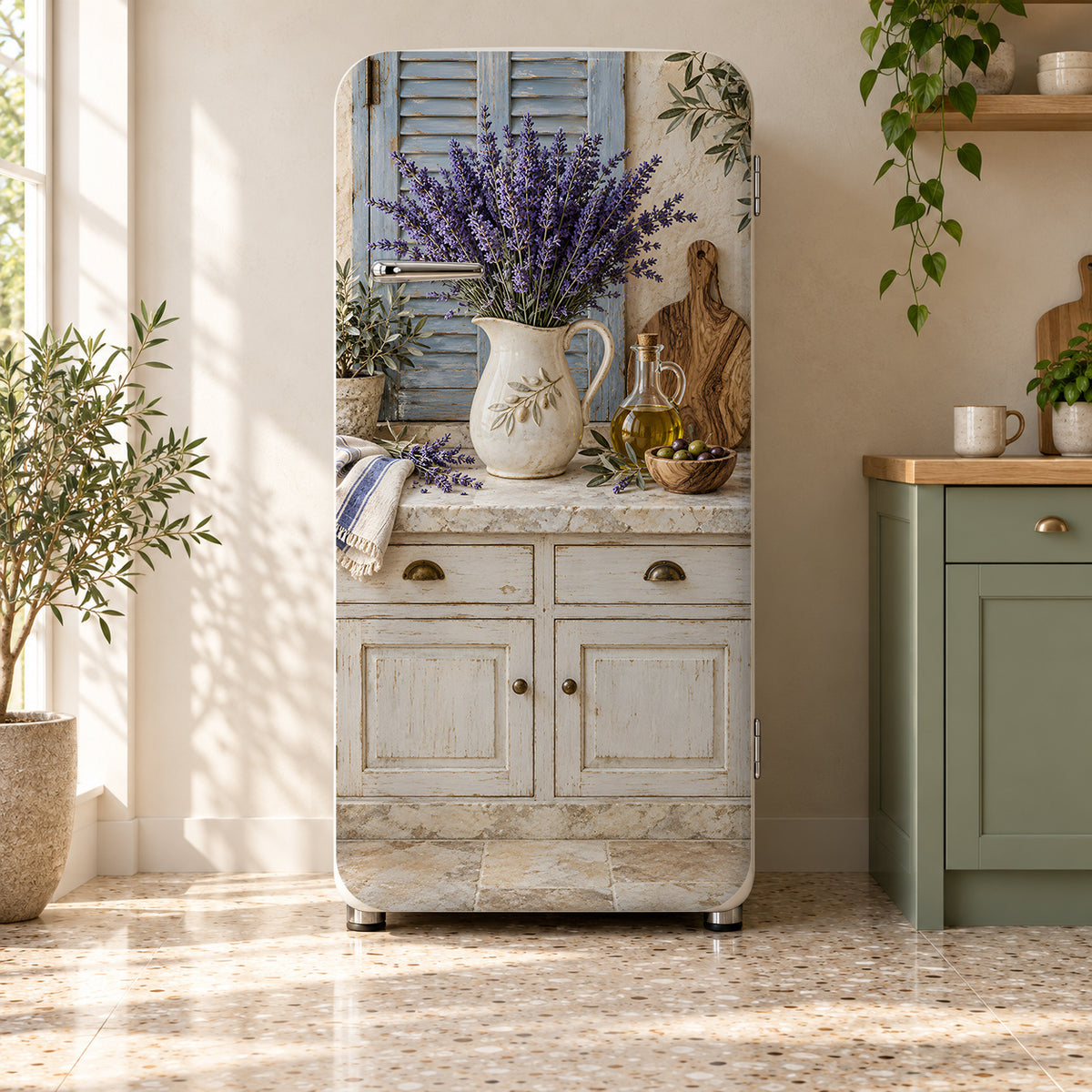 Provence Lavender Kitchen fridge wrap on a retro refrigerator