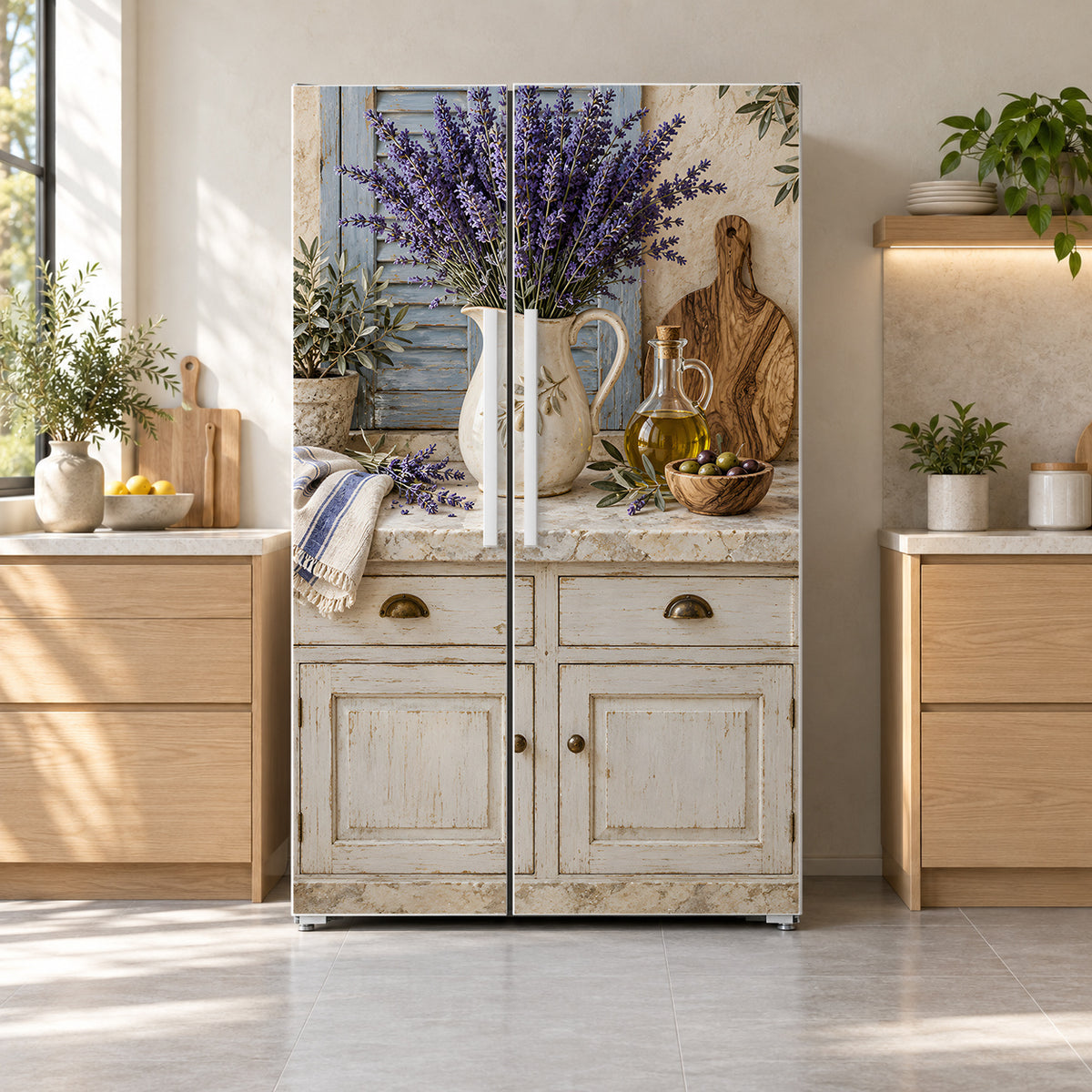 Provence Lavender Kitchen fridge wrap on a side-by-side refrigerator
