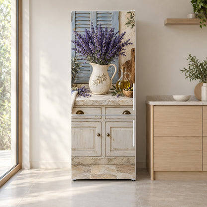 Provence Lavender Kitchen fridge wrap on a white refrigerator in a bright kitchen