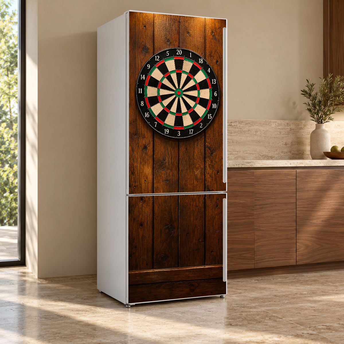 Pub Dartboard fridge wrap, refrigerator shown at an angle