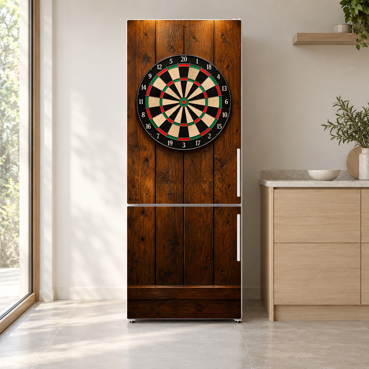 Pub Dartboard fridge wrap on a white refrigerator in a bright kitchen