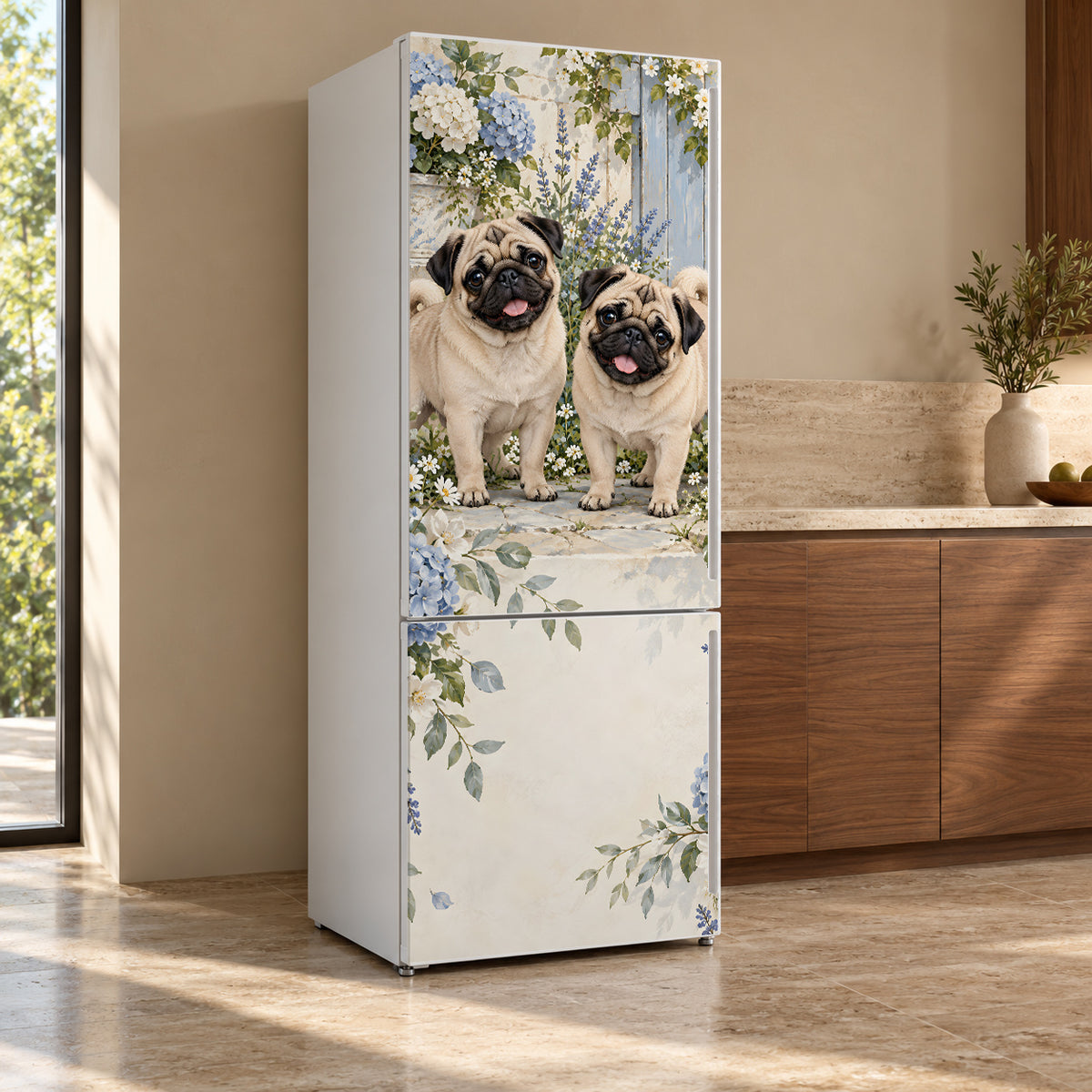 Pugs fridge wrap, refrigerator shown at an angle