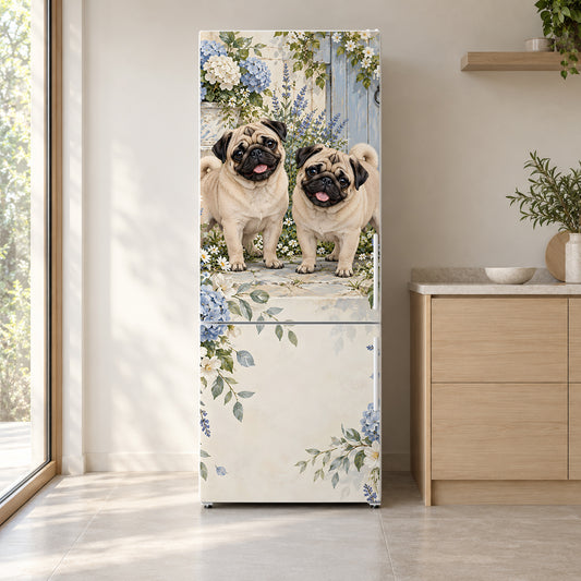 Pugs fridge wrap on a white refrigerator in a bright kitchen
