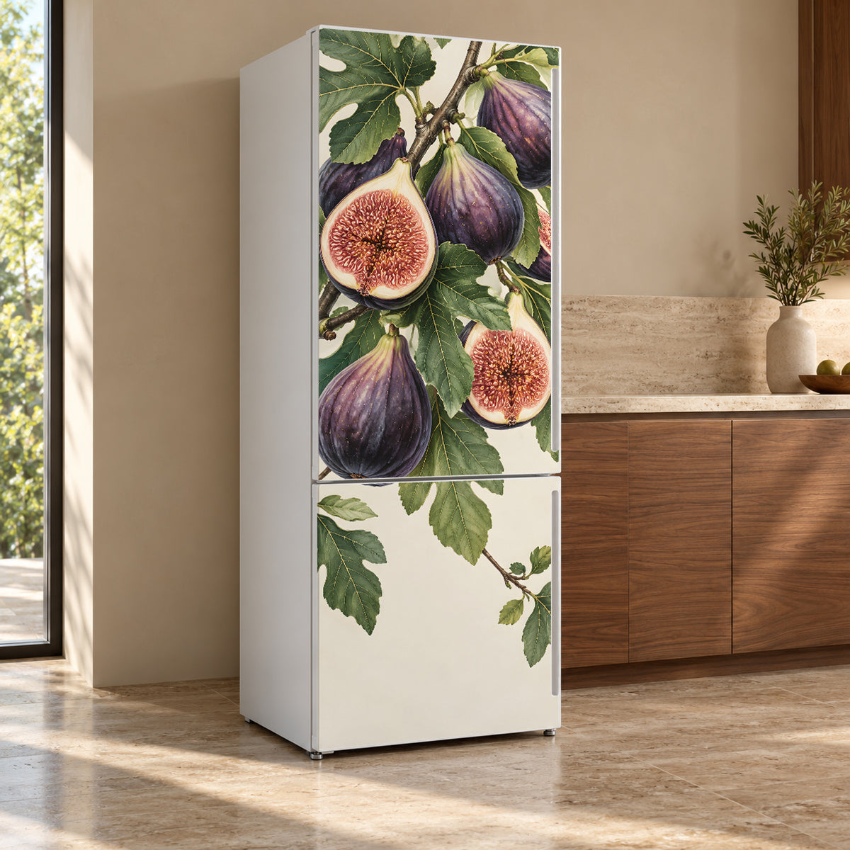 Purple Figs fridge wrap, refrigerator shown at an angle